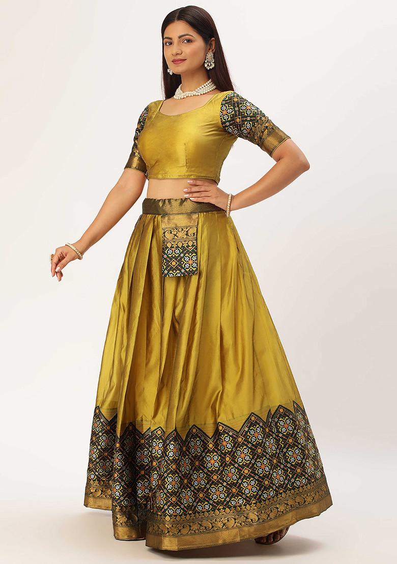 Yellow Zari Embellished Woven Design Litchi Silk Lehenga Set