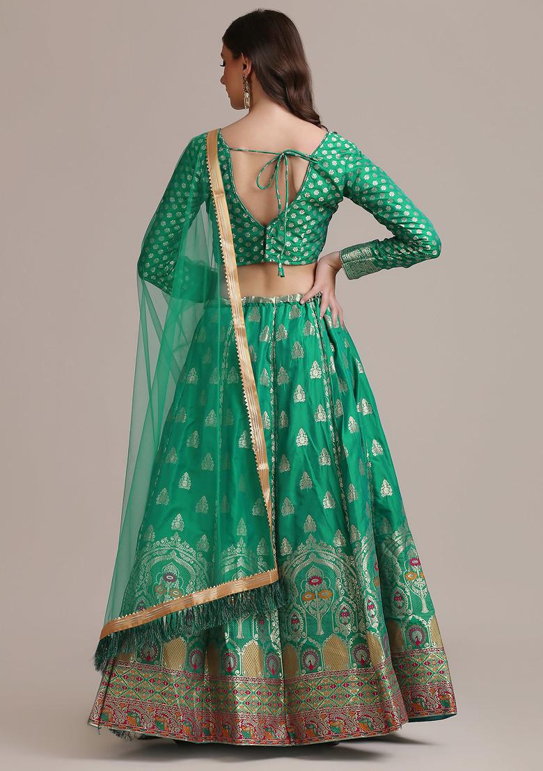 Rama Green Gold Woven Design Jacquard Silk Lehenga Set