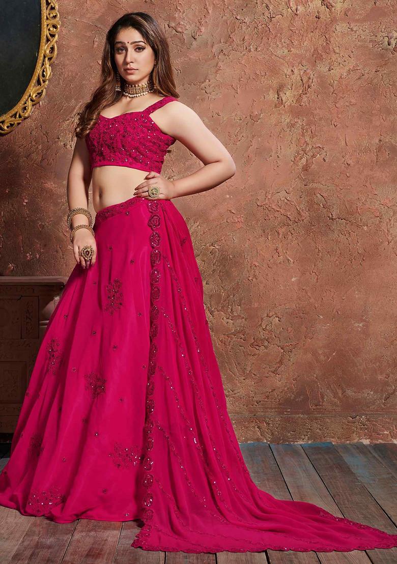 Rani Pink Thread And Sequin Embroidered Georgette Lehenga Set