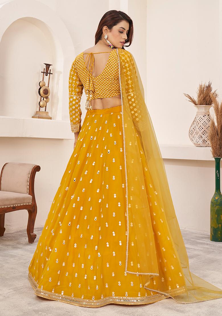 Yellow Sequin Thread Embroidered Georgette Lehenga Set