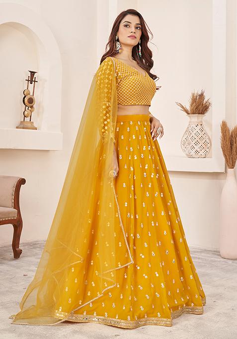 Yellow Sequin Thread Embroidered Georgette Lehenga Set