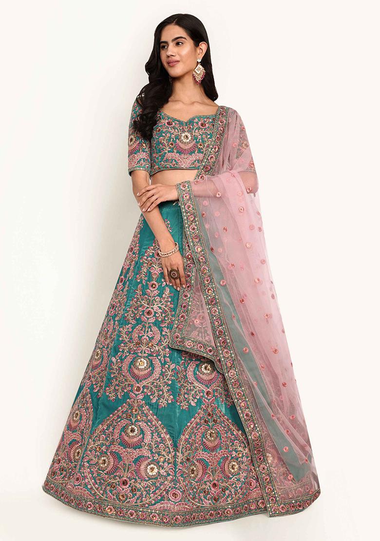 Teal Blue Thread Zari Embroidered Velvet Lehenga Set