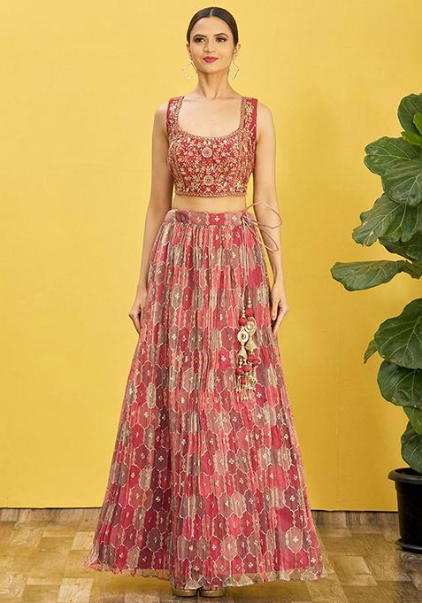 Brown Digital Print Sequin Embroidered Organza Lehenga Set