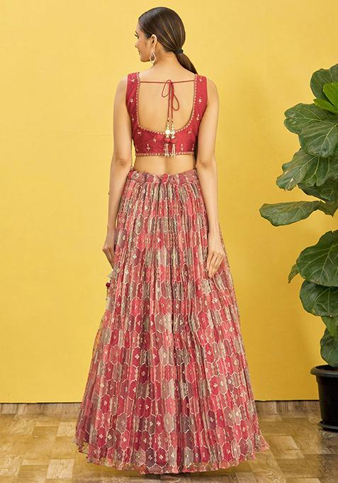 Brown Digital Print Sequin Embroidered Organza Lehenga Set