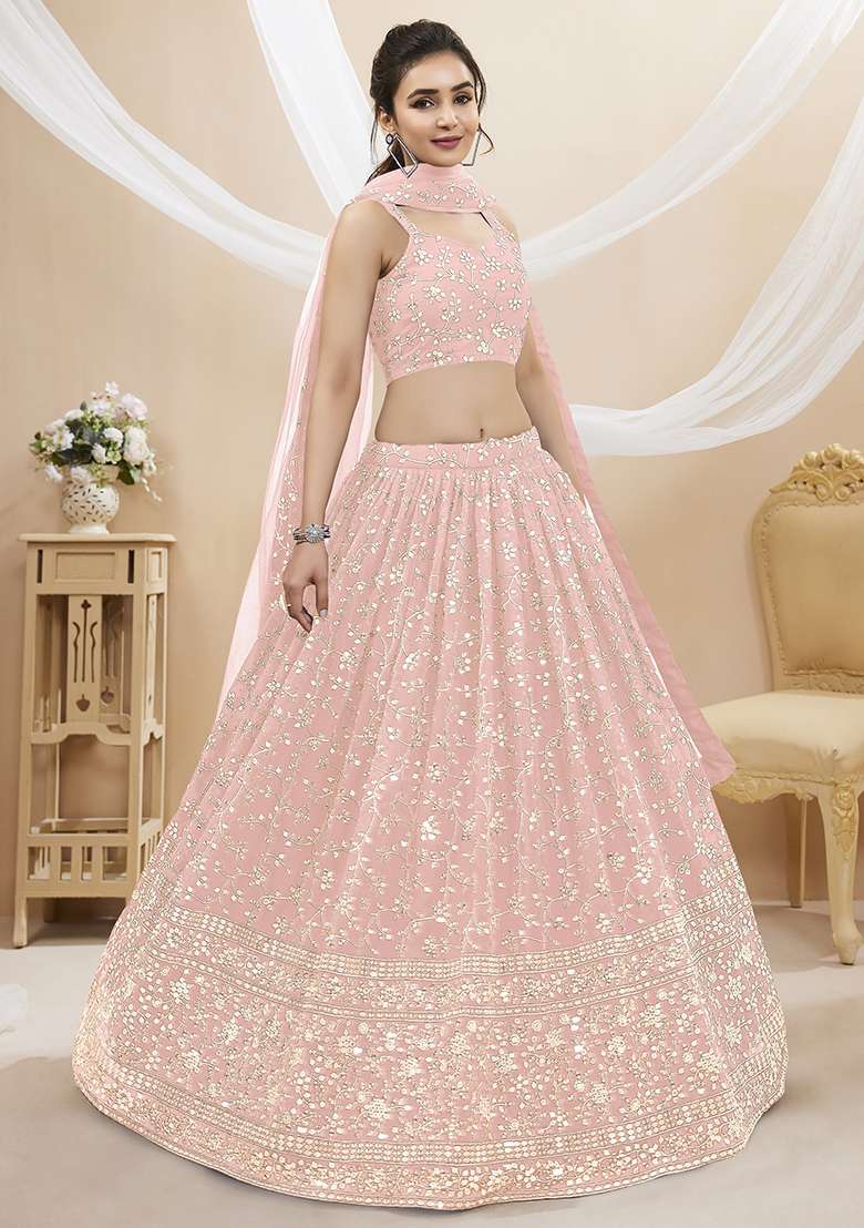 Pink Sequin Zari Embroidered Georgette Lehenga Set - Indya