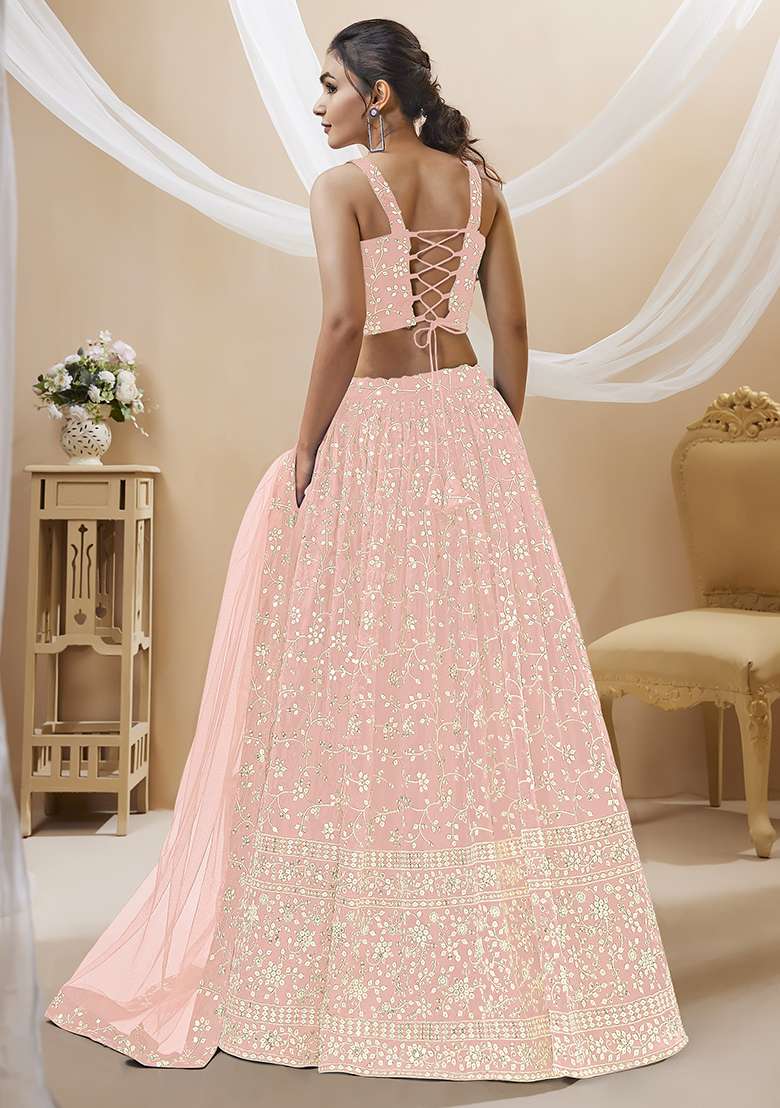 Pink Sequin Zari Embroidered Georgette Lehenga Set - Indya