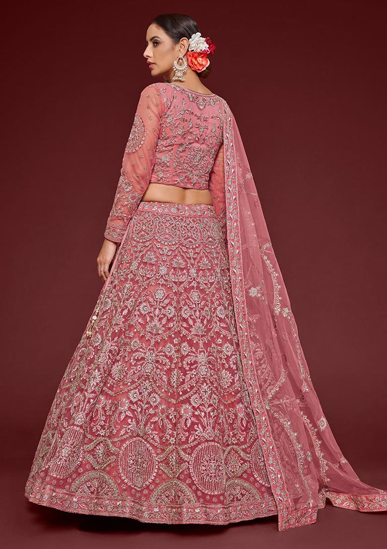 Rose Pink Dori Thread Embroidered Net Lehenga Set