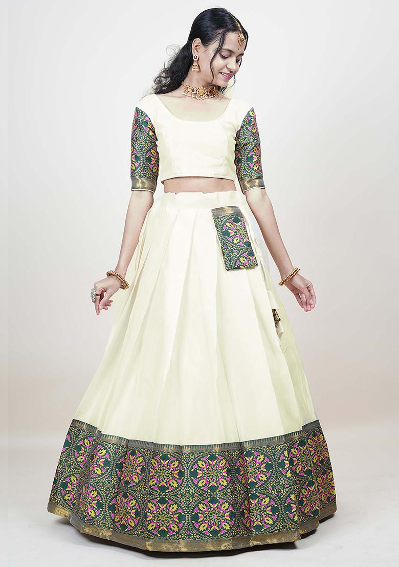 Cream Woven Design Zari Embroidered Litchi Silk Lehenga Set