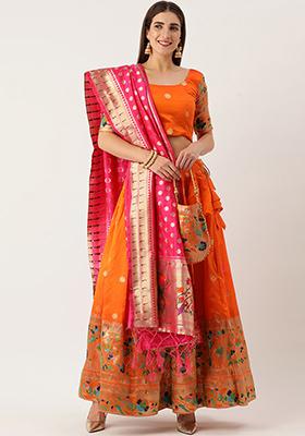 Orange Zari Work Silk Paithani Lehenga Choli Set