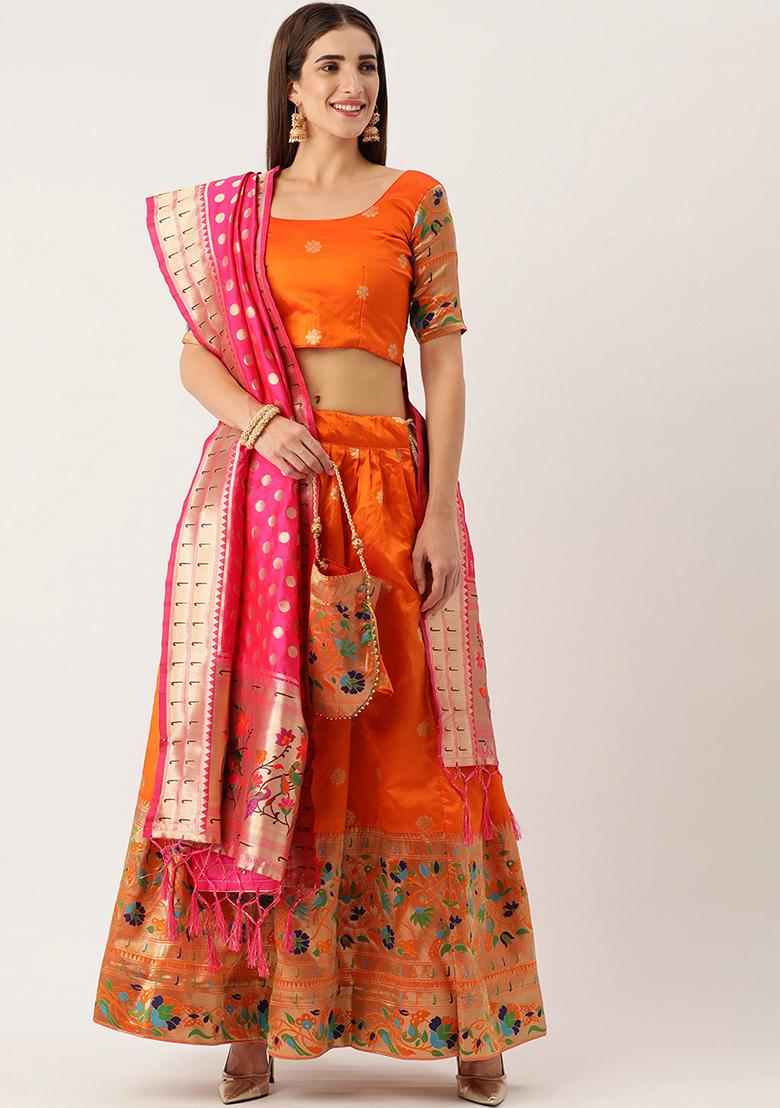 Orange Zari Work Silk Paithani Lehenga Choli Set