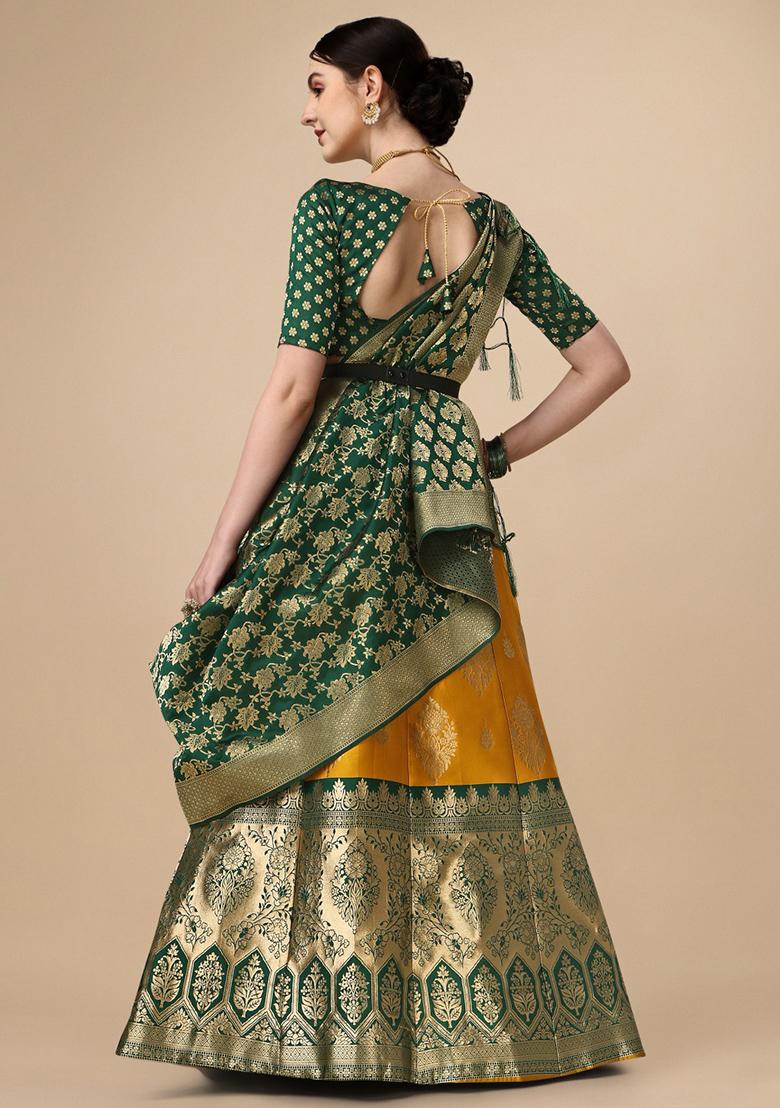 Yellow Brocade Zari Woven Embroidered Lehenga Set