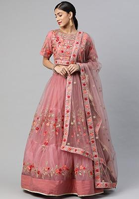 Dusty Pink Thread Zari Embroidered Net Lehenga Set