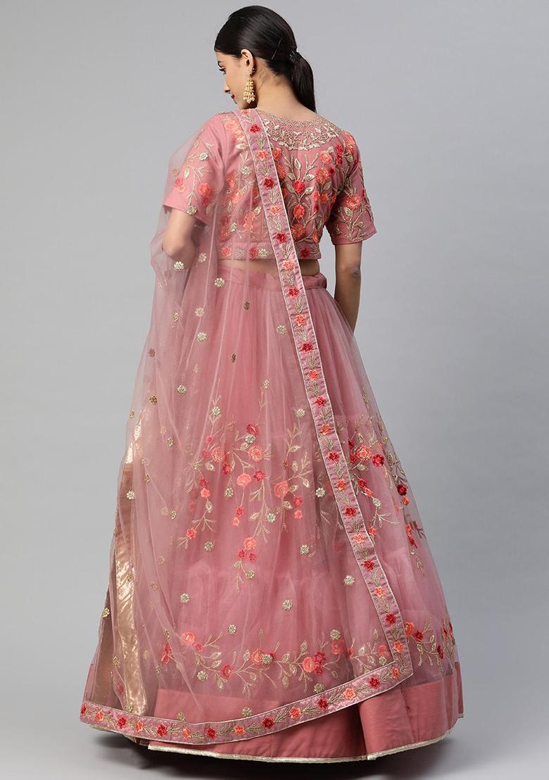 Dusty Pink Thread Zari Embroidered Net Lehenga Set