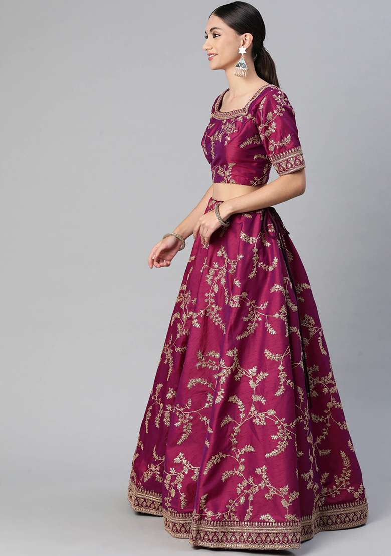 Purple Thread Zari Embroidered Art Silk Blend Lehenga Set - Indya