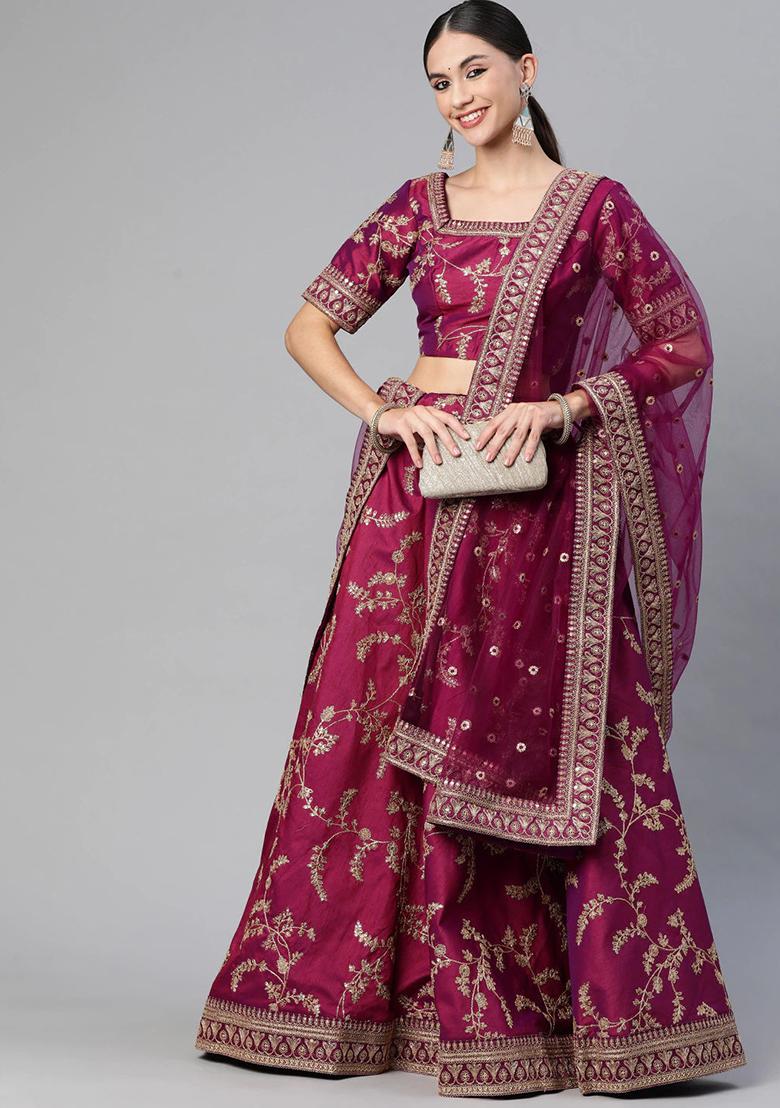 Purple Thread Zari Embroidered Art Silk Lehenga Set