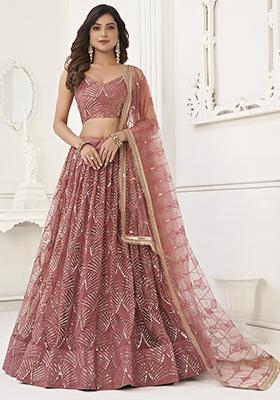 Dusty Pink Mirror Thread Sequin Embroidered Net Lehenga Set
