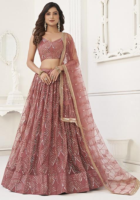 Dusty Pink Mirror Thread Sequin Embroidered Net Lehenga Set