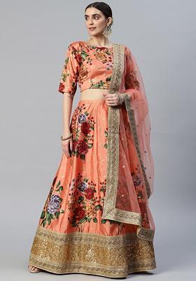 Rust Orange Sequin Embroidered Work Art Silk Lehenga Set