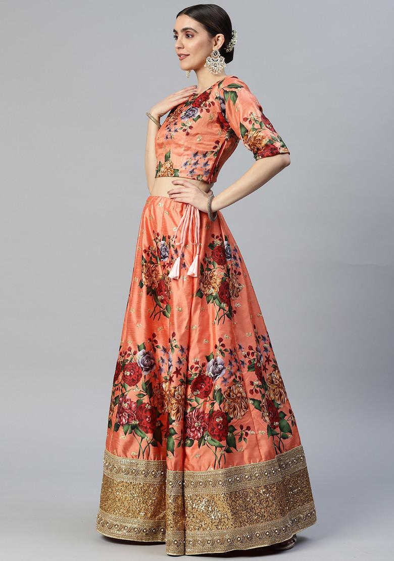 Rust Orange Sequin Embroidered Work Art Silk Lehenga Set