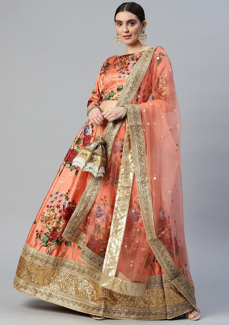 Rust Orange Sequin Embroidered Work Art Silk Lehenga Set