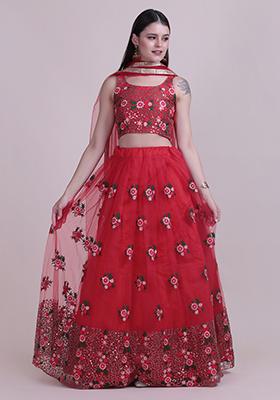 Red Embroidered Net Lehenga Set