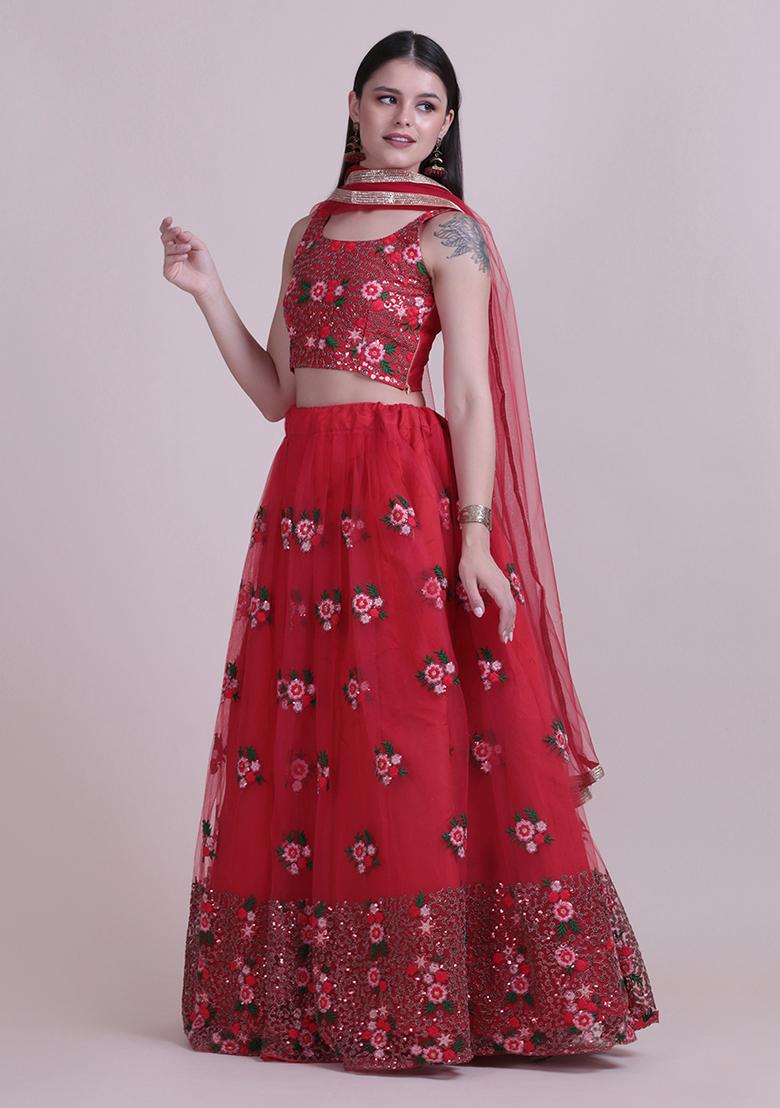 Red Embroidered Net Lehenga Set
