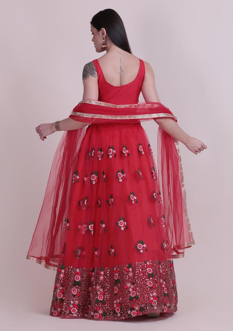 Red Embroidered Net Lehenga Set
