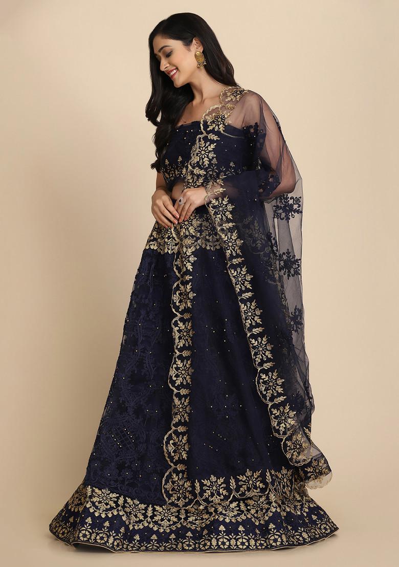 Blue Stone Embroidered Net Lehenga Set
