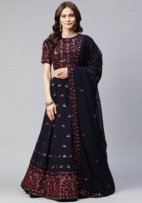 Navy Blue Sequin Embroidered Work Georgette Lehenga Set