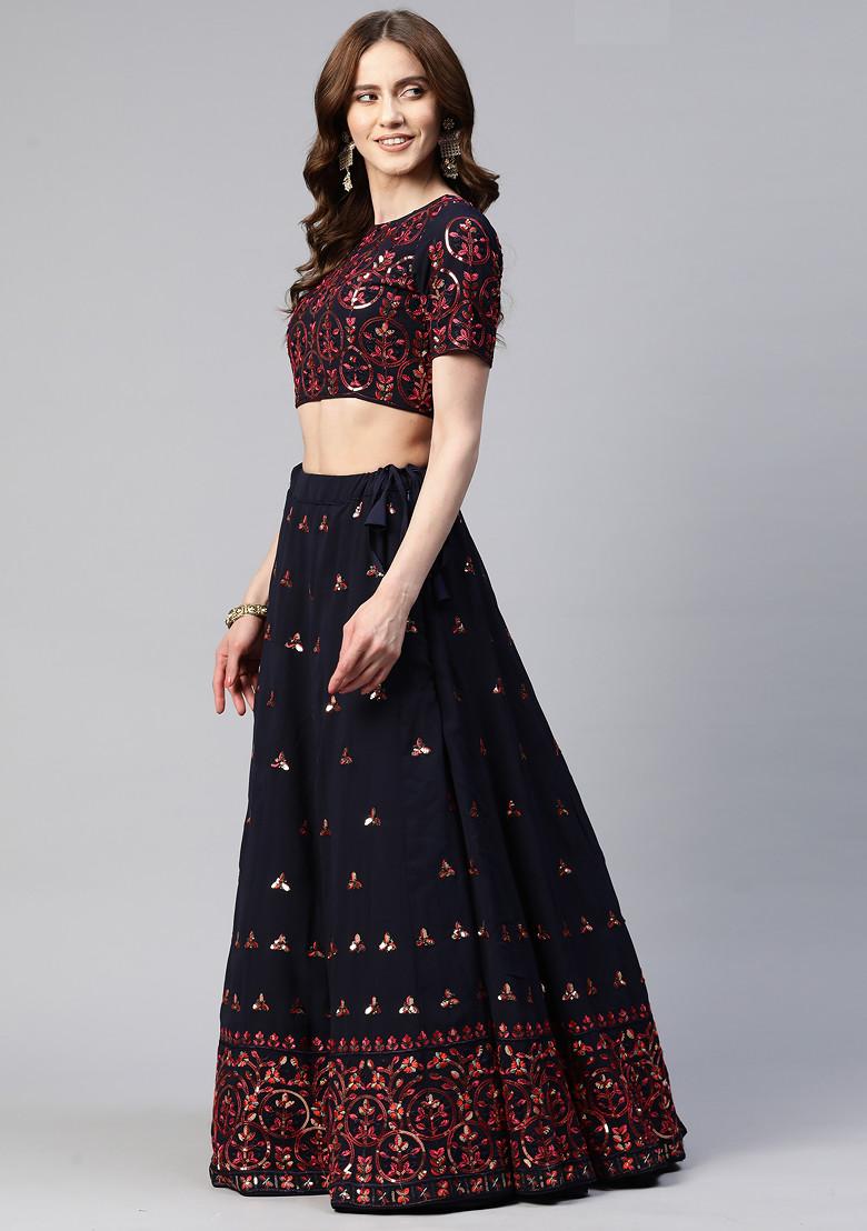 Navy Blue Sequin Embroidered Work Georgette Lehenga Set