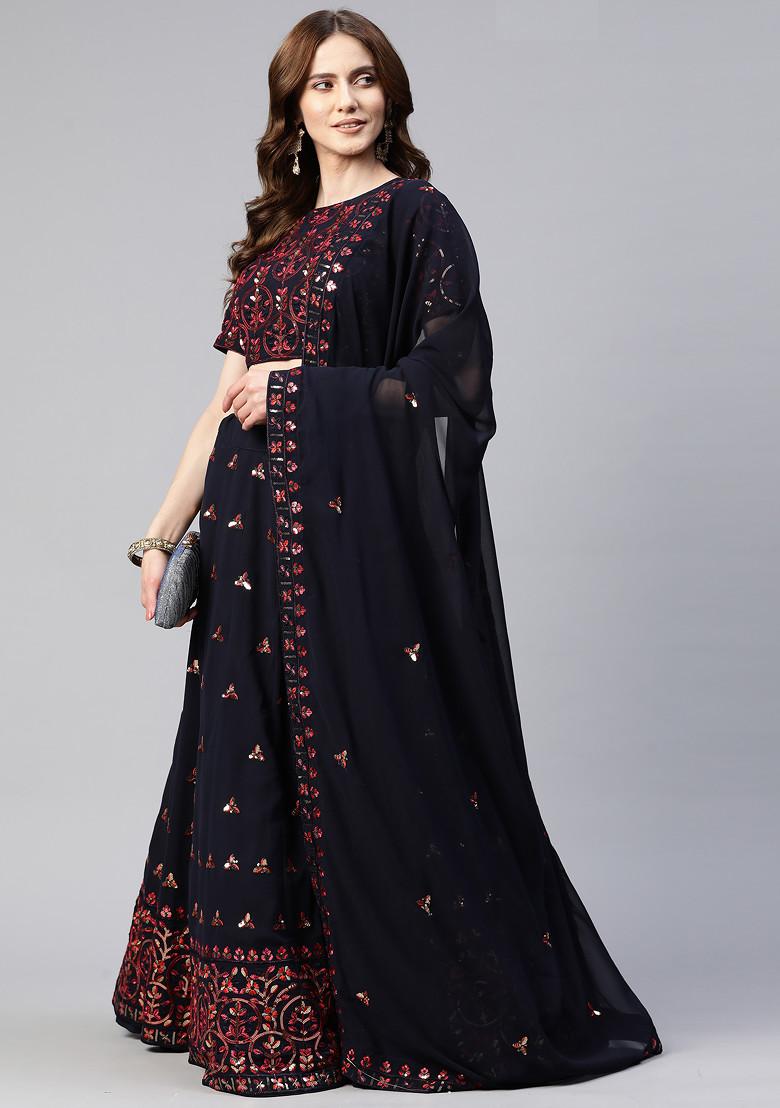 Navy Blue Sequin Embroidered Work Georgette Lehenga Set