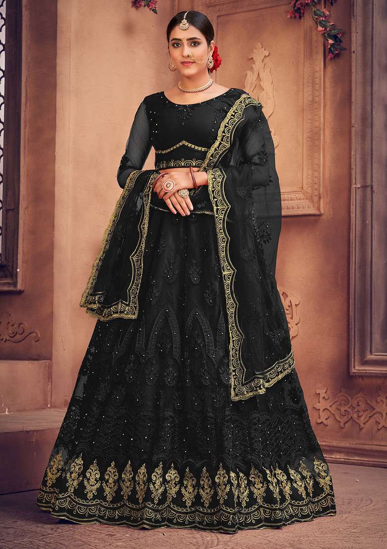 Black Embroidered Net Lehenga Set - Indya