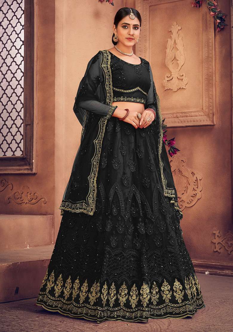 Black Embroidered Net Lehenga Set - Indya