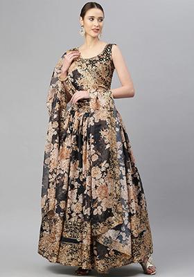 Black Floral Print Zari Sequin Embroidered Organza Lehenga Set