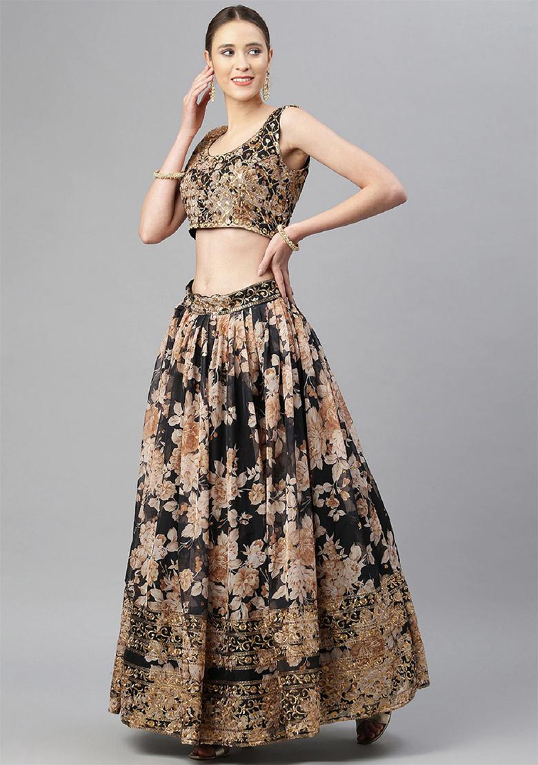 Black Floral Print Zari Sequin Embroidered Organza Lehenga Set