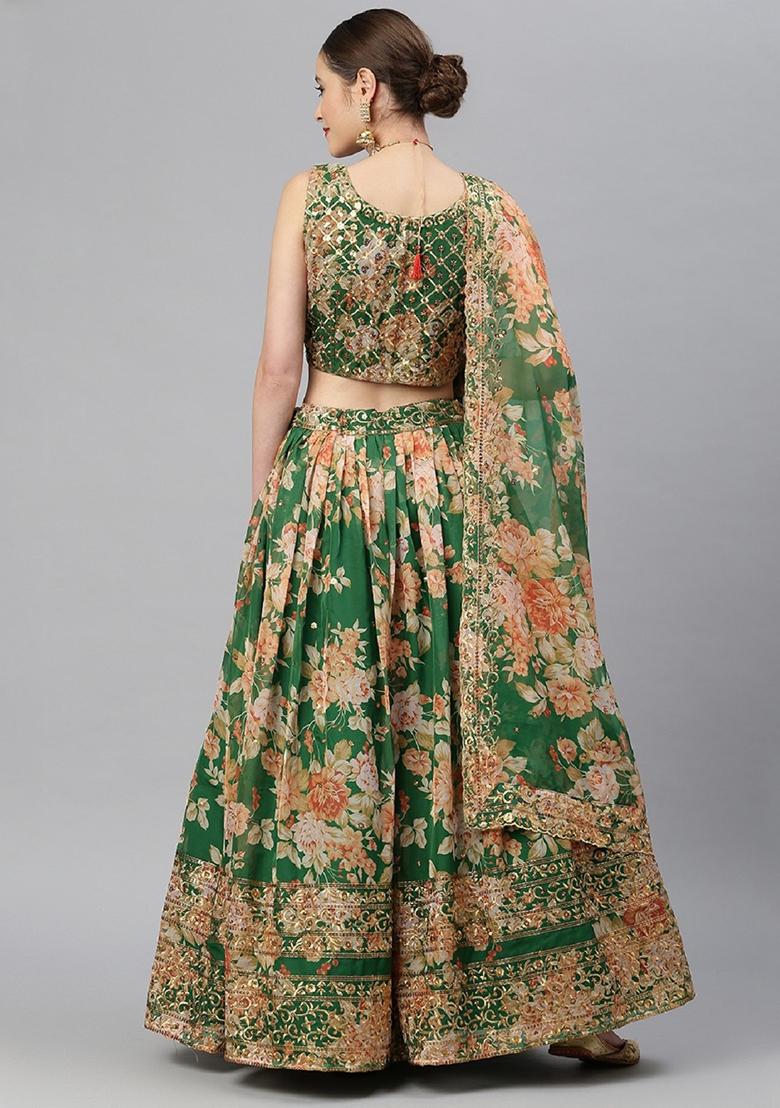 Green Floral Print Zari Sequin Embroidered Organza Lehenga Set