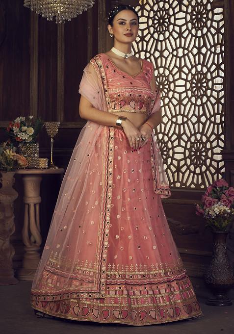 Peach Sequin Embroidered Silk Lehenga Set