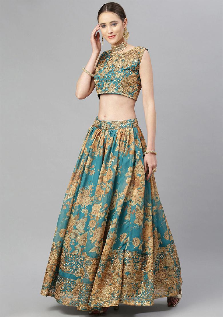Teal Blue Blue Floral Print Zari Sequin Embroidered Organza Lehenga Set