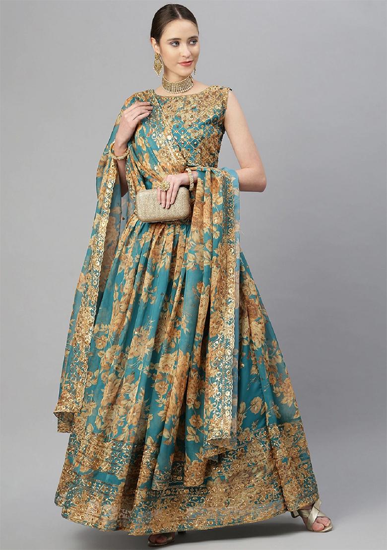 Teal Blue Blue Floral Print Zari Sequin Embroidered Organza Lehenga Set