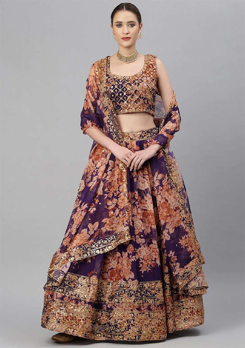 Purple Floral Print Zari Sequin Embroidered Organza Lehenga Set - Indya