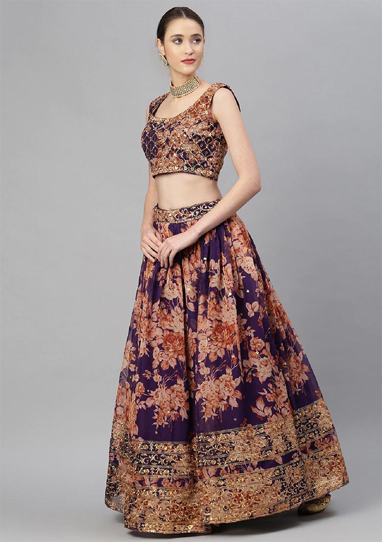 Purple Floral Print Zari Sequin Embroidered Organza Lehenga Set