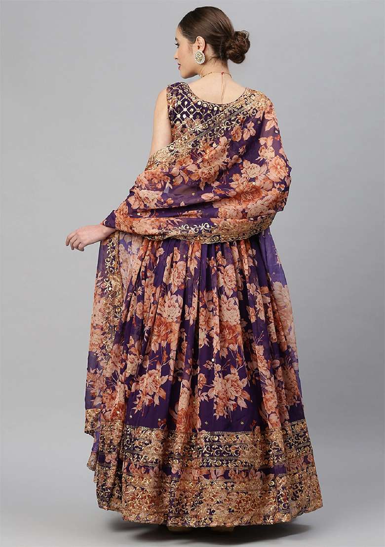 Purple Floral Print Zari Sequin Embroidered Organza Lehenga Set - Indya