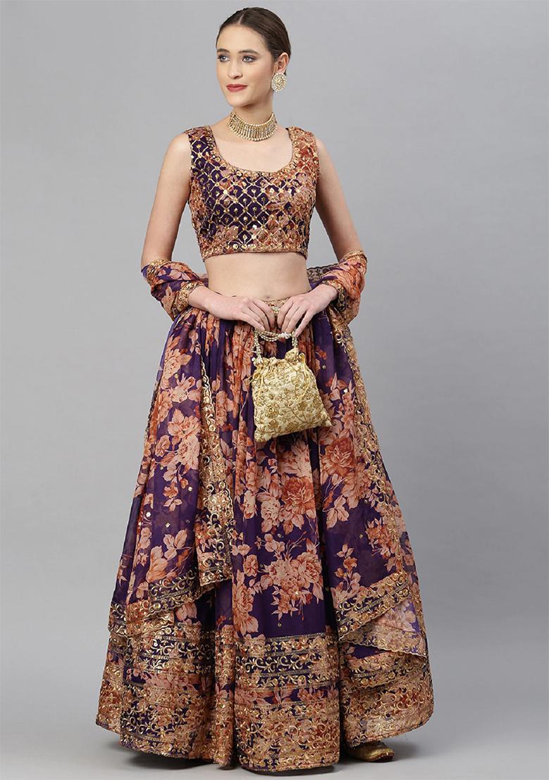 Purple Floral Print Zari Sequin Embroidered Organza Lehenga Set