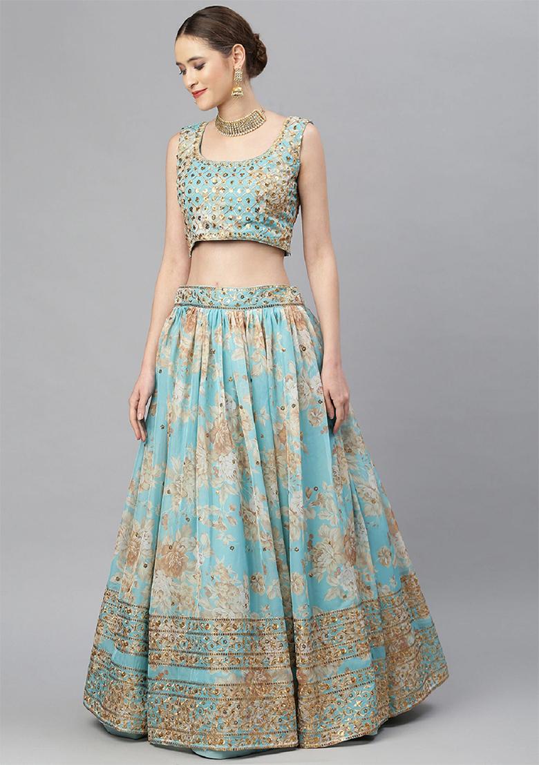 Sky Blue Floral Print Zari Sequin Embroidered Organza Lehenga Set