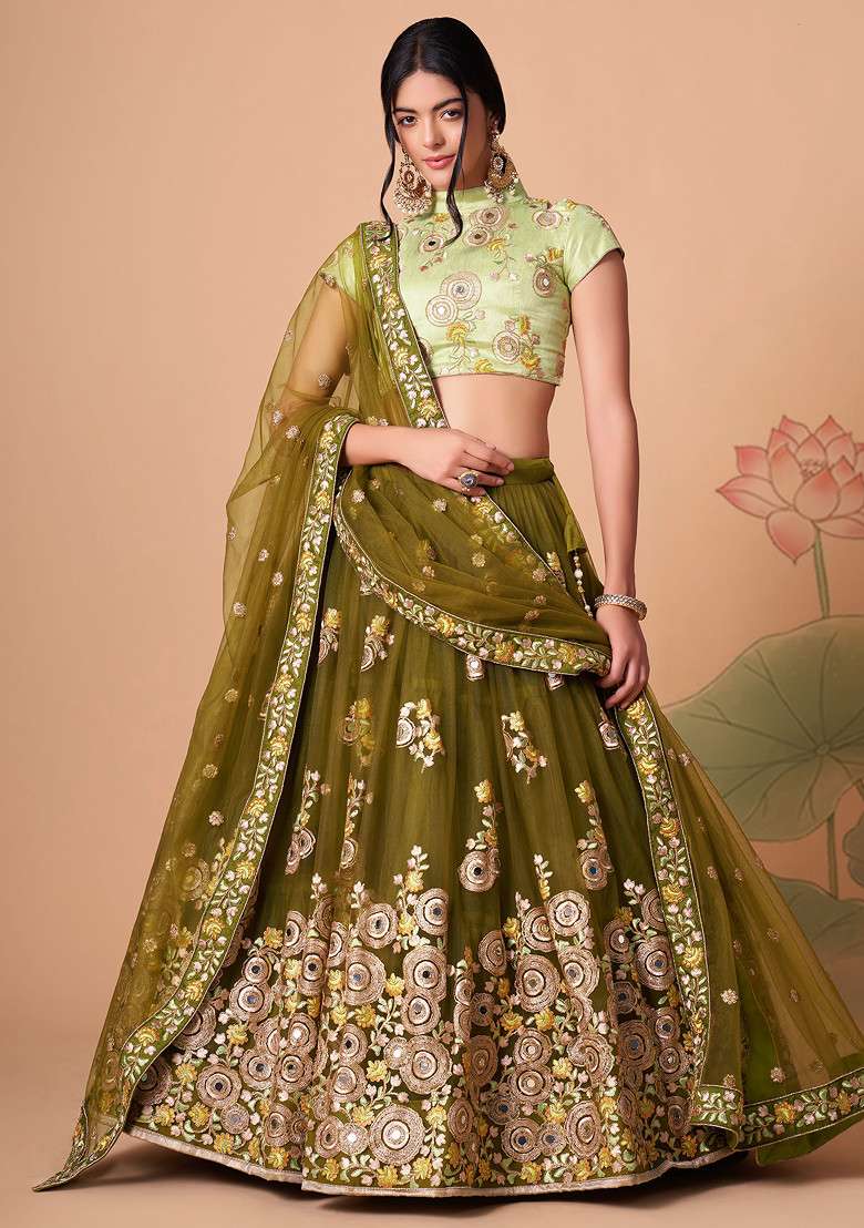 Mehndi Green Mirror Work Soft Net Lehenga Set - Indya