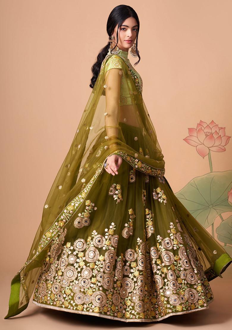 Mehndi Green Mirror Work Soft Net Lehenga Set