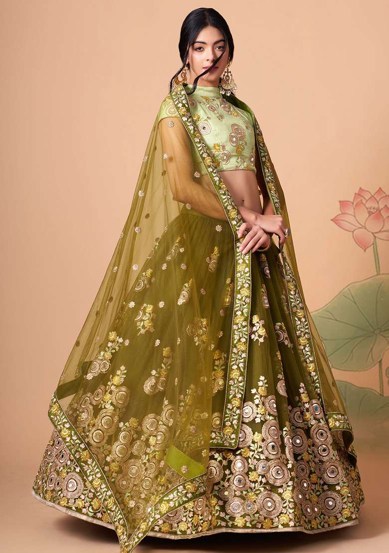 Mehndi Green Mirror Work Soft Net Lehenga Set - Indya