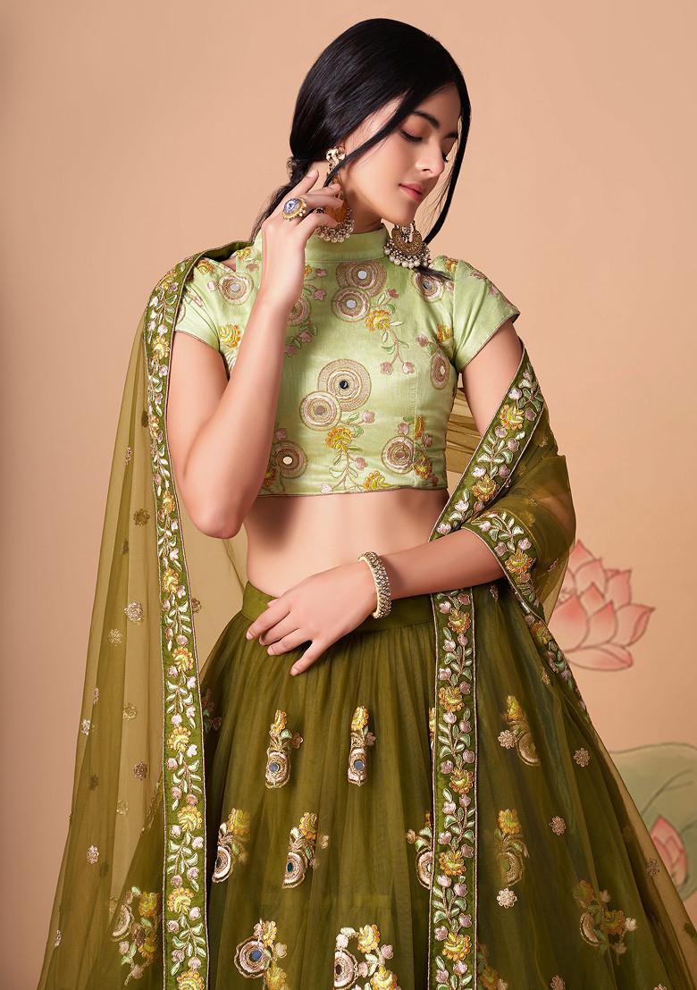 Mehndi Green Mirror Work Soft Net Lehenga Set