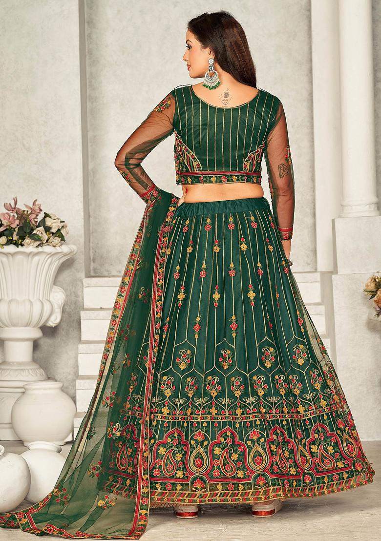 Green Thread Embroidered Net Lehenga Set