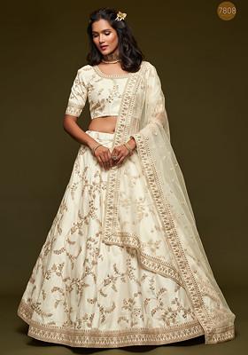 White Sequin Embroidered Work Art Silk Lehenga Set